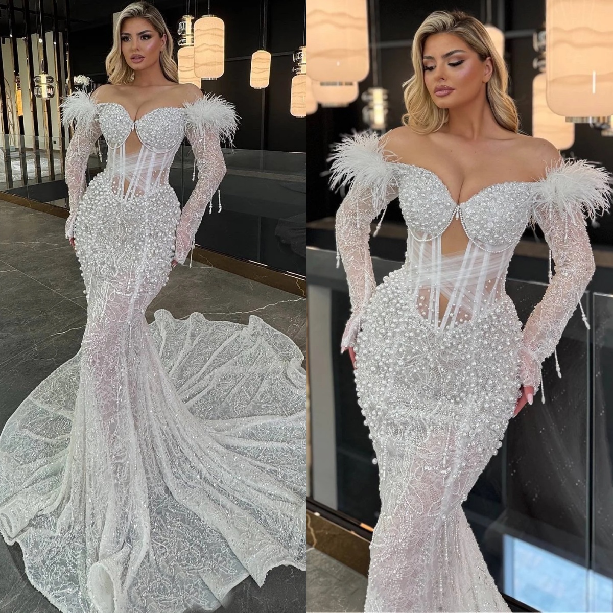Luxury Feather Wedding Dresses Off Shoulder Pearls Lace Bridal Gowns Long Sleeves Illusion Sweep Train Mermaid Customized Vestidos De Novia Plus Size