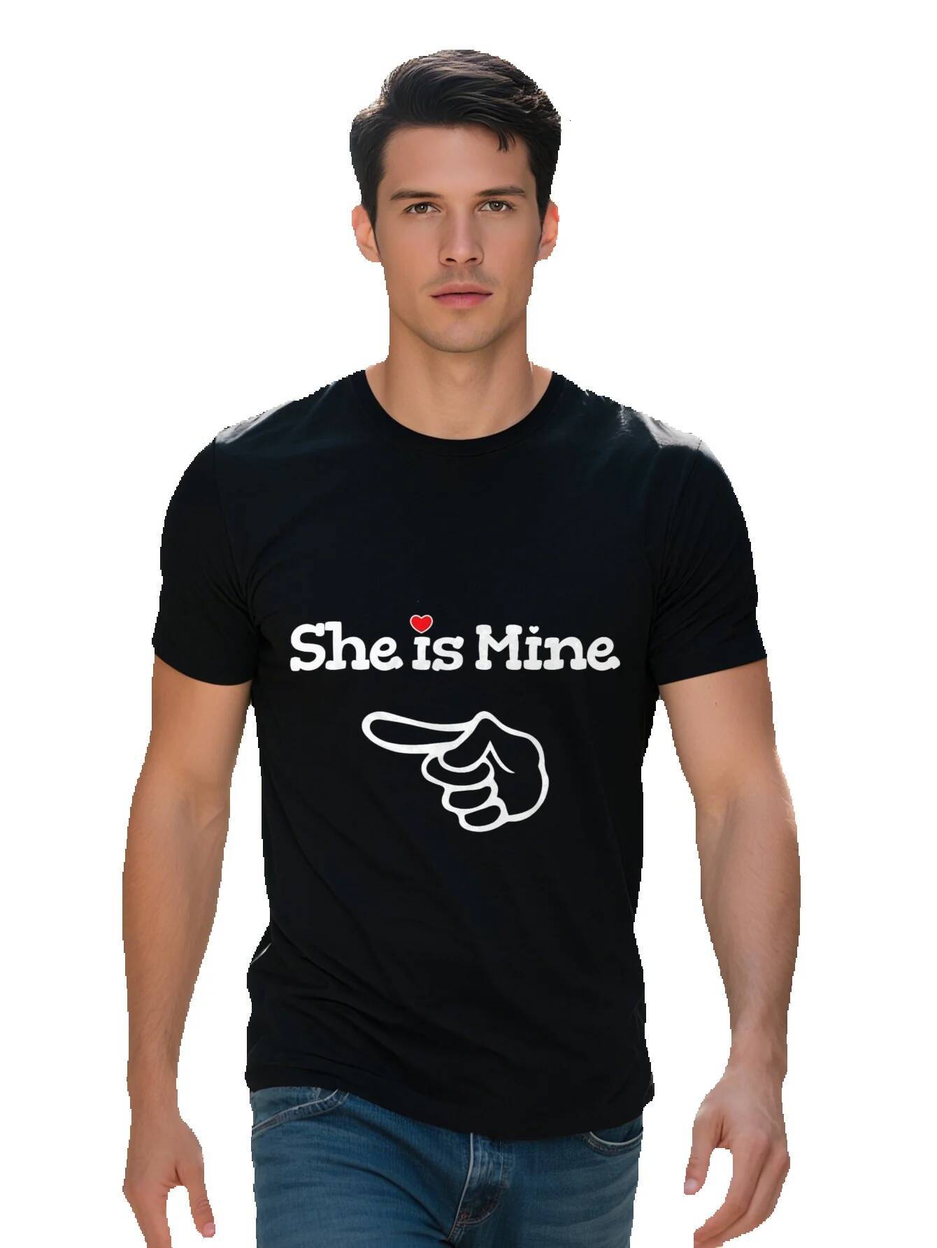 Men s She is Mine Graphic Tee Cotton Short Sleeve Crew Neck Casual Black T-Shirt with White Hand Red Heart b5db4 c2ef8