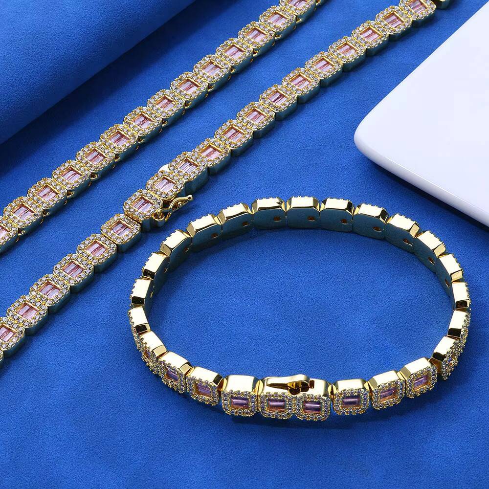 Hot Sale Hip Hop Jewelry 8mm Square Pink Diamond Gold/Platinum Tennis Necklace/Bracelet Set Men's Party