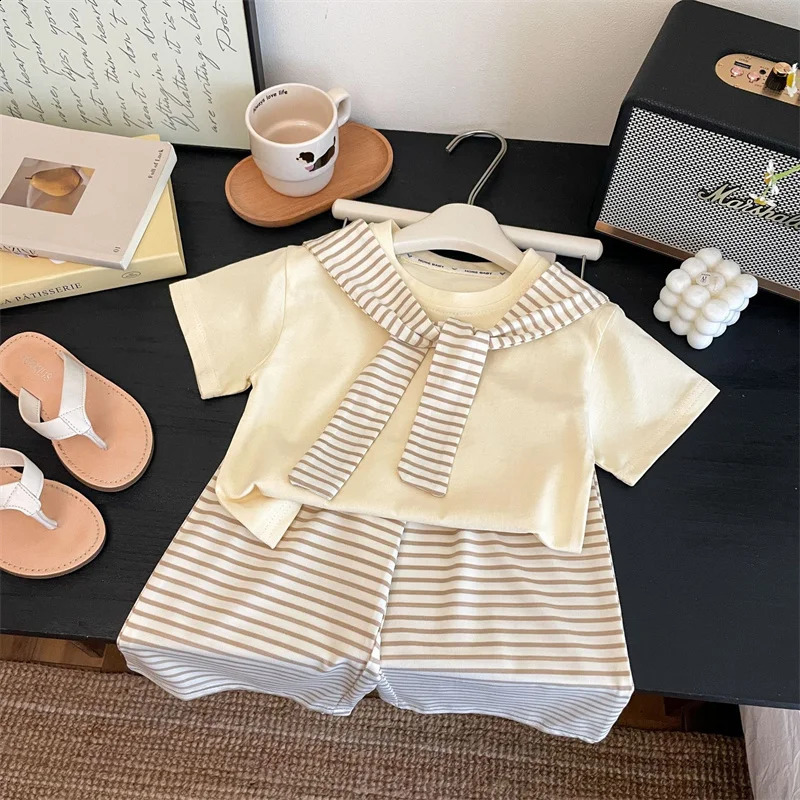 Girls Suit Summer Short-sleeved T-shirt With Stripes ShawlsPants 2Pcs Outfits Kids Casual Clothes Childrens Fashion Sets 1-12Y 250811