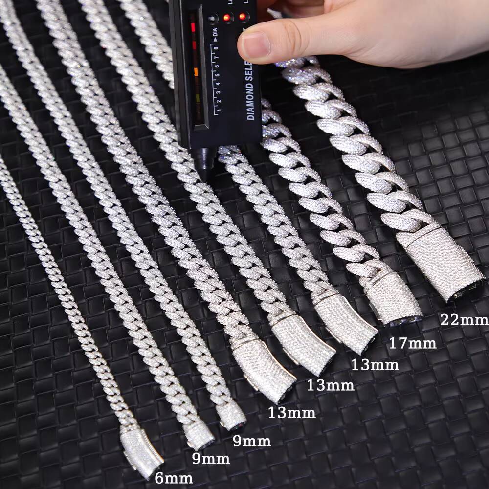 Hot Sale 6 to 13 mm Wide Hip Hop Ice Out Necklace Moissanite Cuban Chain Silver VVS Diamond Cuban Link Chain