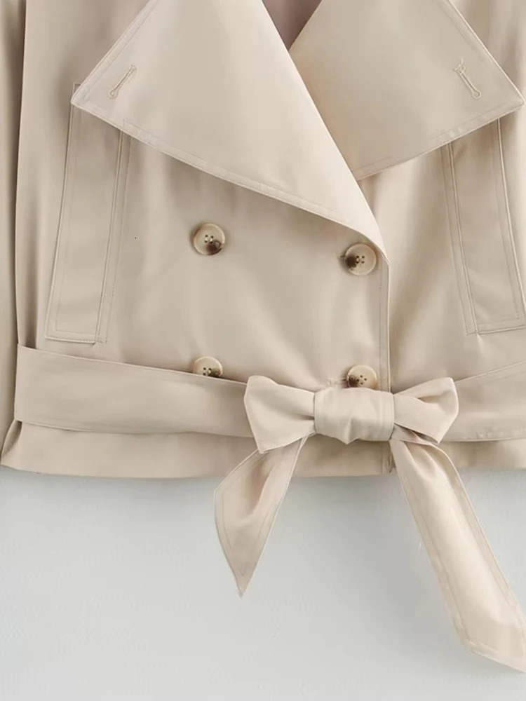 TRZA Double Breasted Crop Trench Coat for Women Fashion Belt Long Sleeve Lapel Collar Chic Outerwear Female Tops 250809