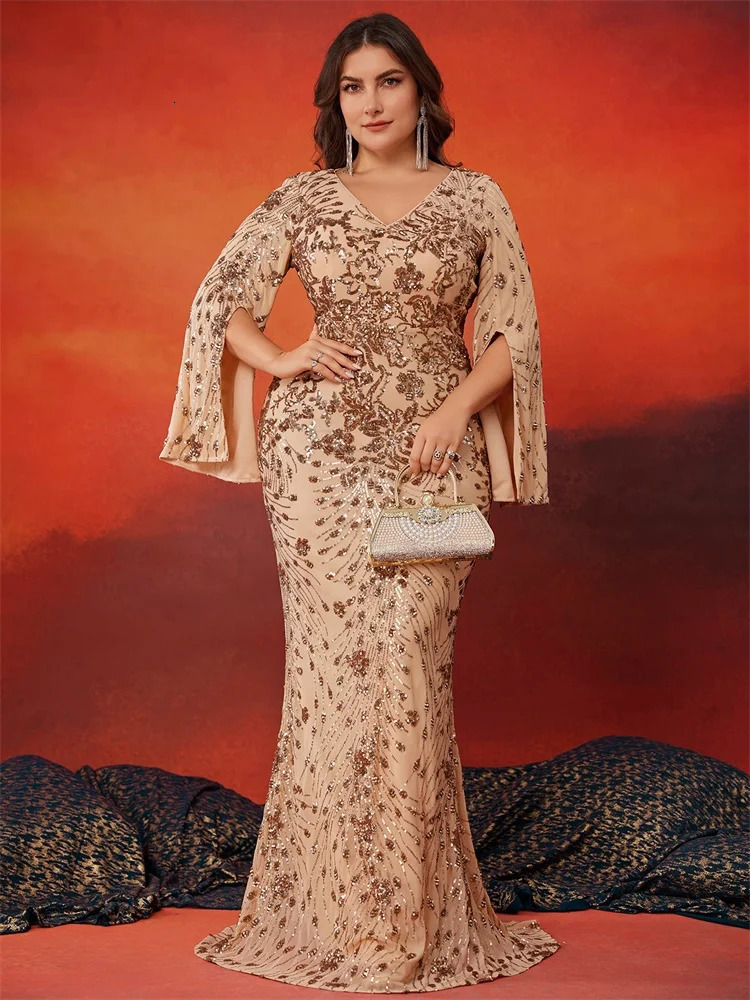Plus Size y Gold Evening Dresses Women Long Sleeve Mermaid Formal Sequins Prom Wedding Party Cocktail Gowns 250811