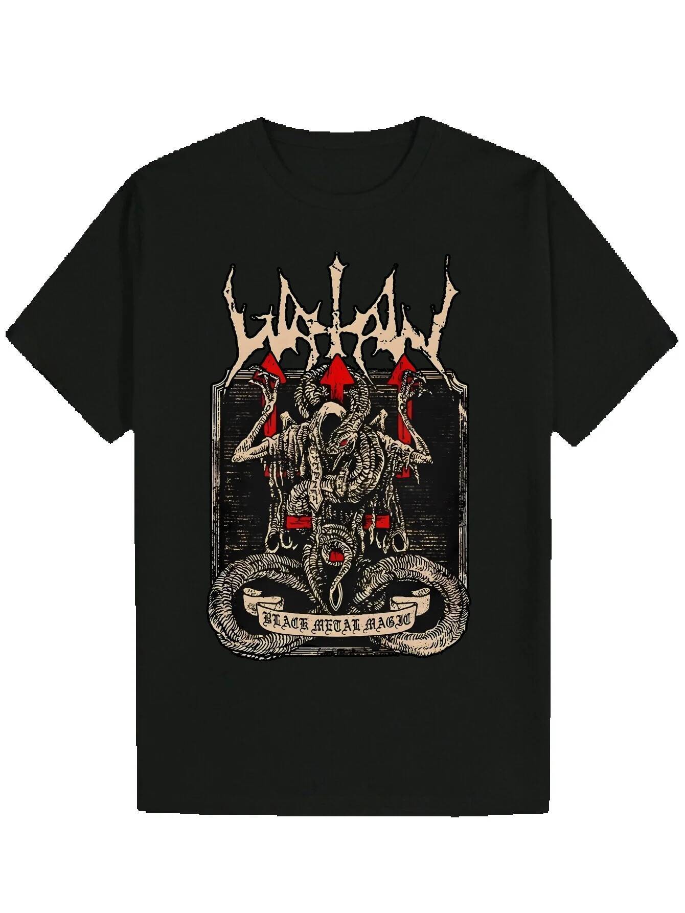 Men's Gothic Pattern Printed Summer - Black Casual Crew Neck T-Shirt with Edgy Snake and Playing Card Art, Lightweight Polyester, Machine Washabl