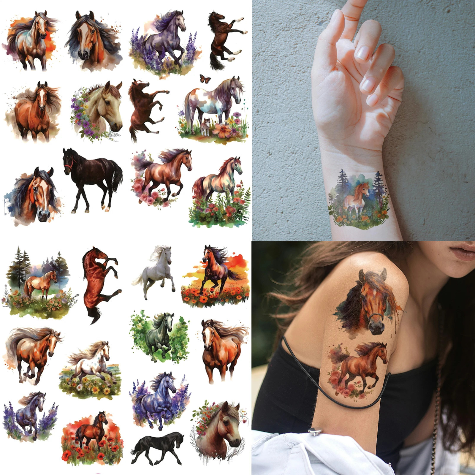 10 Sheets Temporary Horse Tattoos Stickers Birthday Themed Party Supplies Decorated with Tattoo 250809