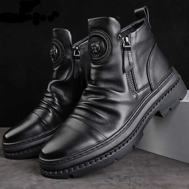 Mens Motorcycle Leather Boots British Style Round Head High Top Shoes Side Zip Walking Casual Platform Boots Mens Boots W250811