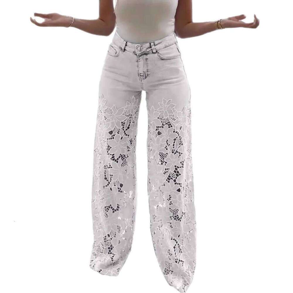 Crochet Hollow Out Flower Jean Women Pants Baggy Zipper Pocket Button Straight Leg Trousers 2025 Summer Elagant Y2k Lady Outwear