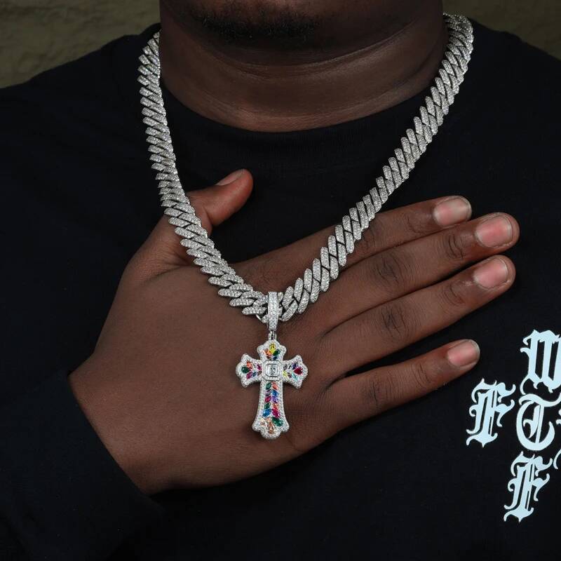 New Moissanite Rainbow Prismatic Cross Pendant Necklaces for Women Men Solid 925 Silver Pendant Charms Hip Hop Colorful Jewelry