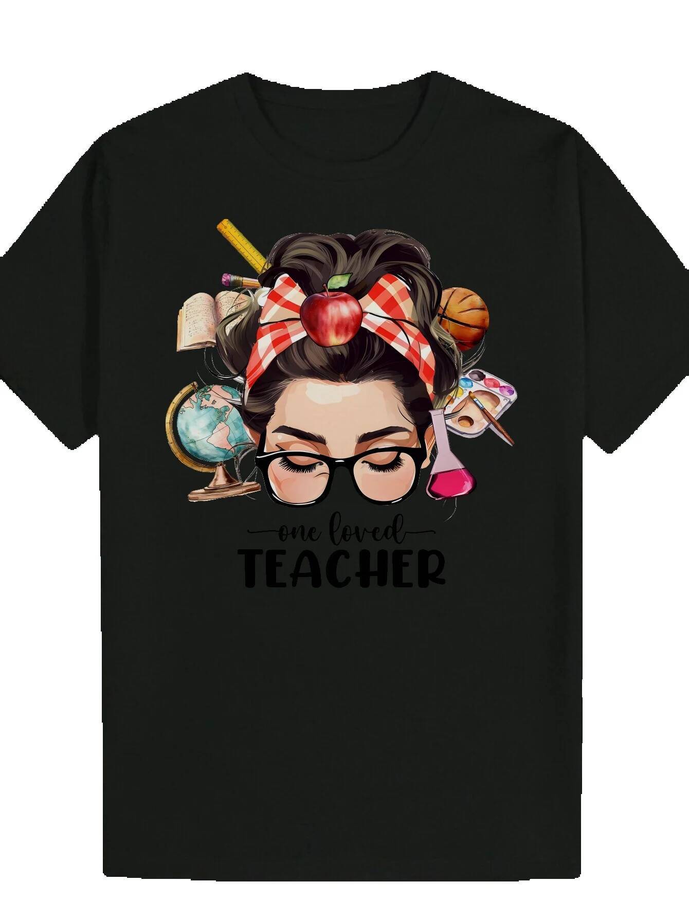 Men's Summer T-Shirt - Round Neck, Polyester Fiber, Regular Fit, with 'A Beloved Teacher' Red and White Checkered Pattern, Perfect for 