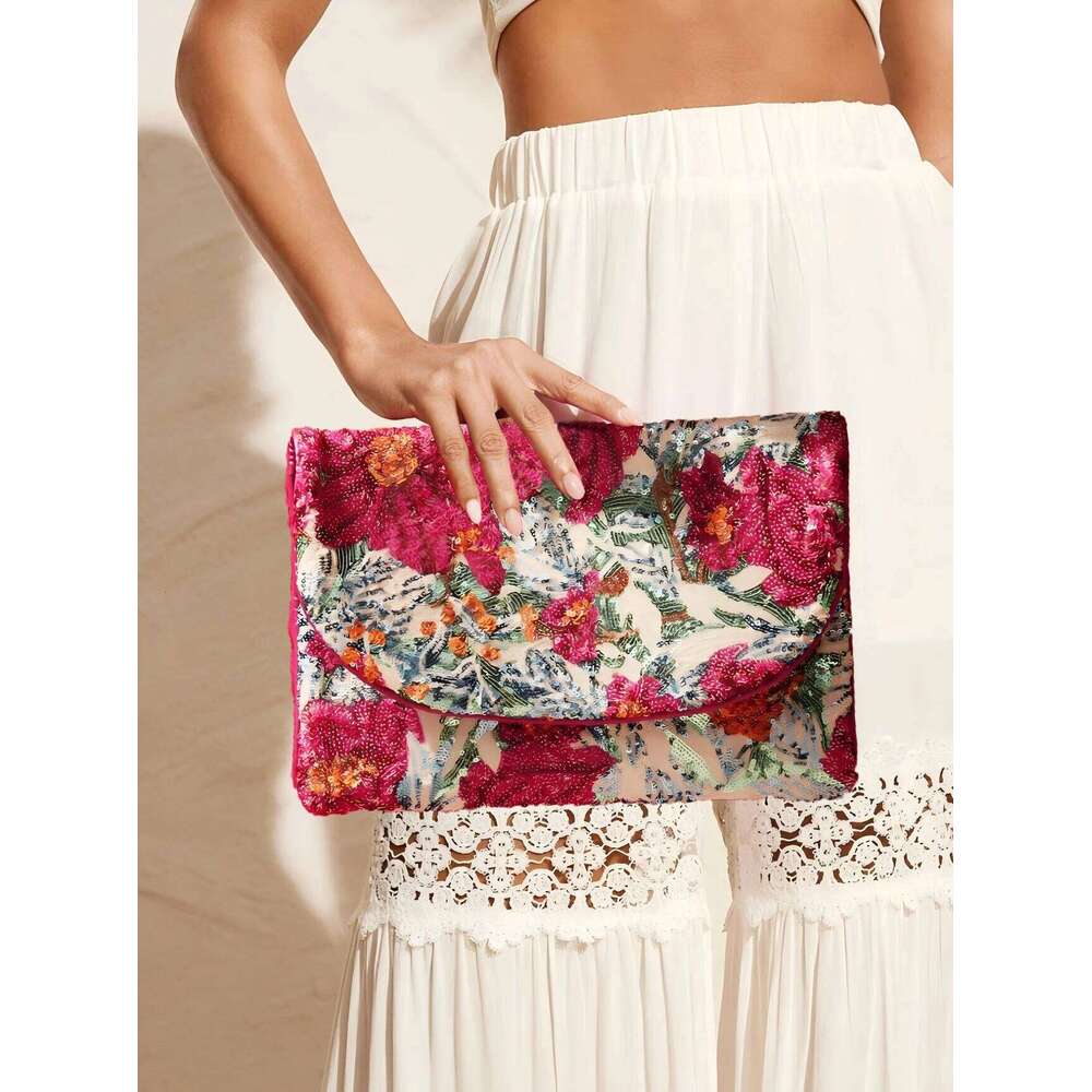 Women's elegant random shiny sequin flower pattern flip large capacity envelope bag, suitable for wedding banquets
