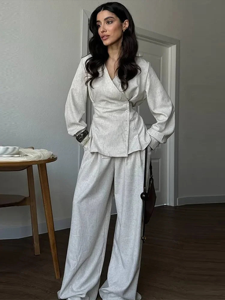 Elegant Vneck Shirt Pants Set Women Slim Button Long Sleeve Top Wide Leg Trousers Lady Suit Casual Chic Female Outfits 250811