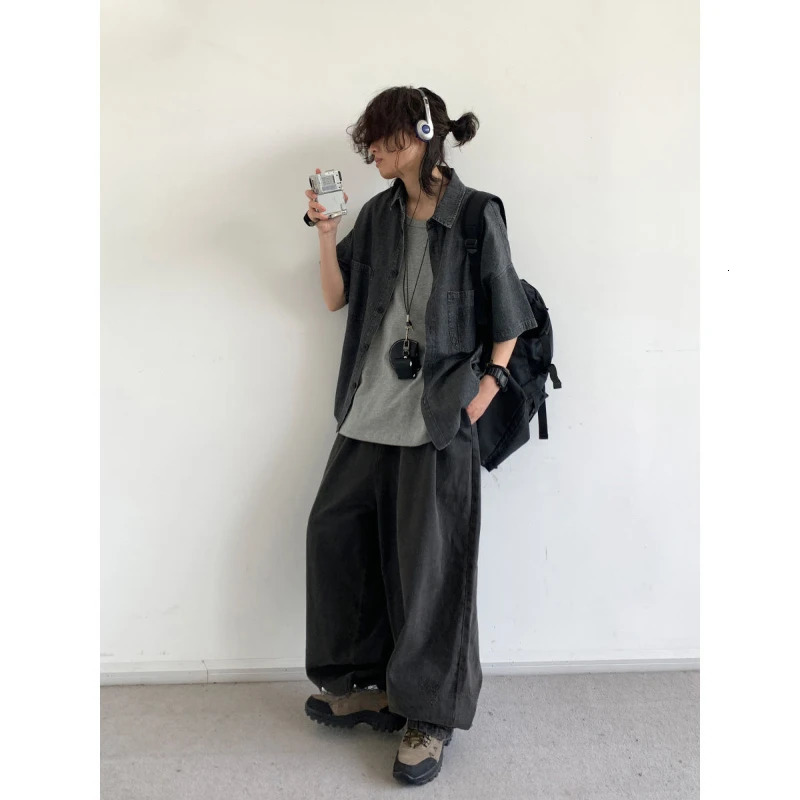 Korean Casual 3- Pcs Sets Mens Multi Pocket Denim ShirtSolid Color VestFashion Street Jeans Suits Y2k Hip Hop Sets 250811