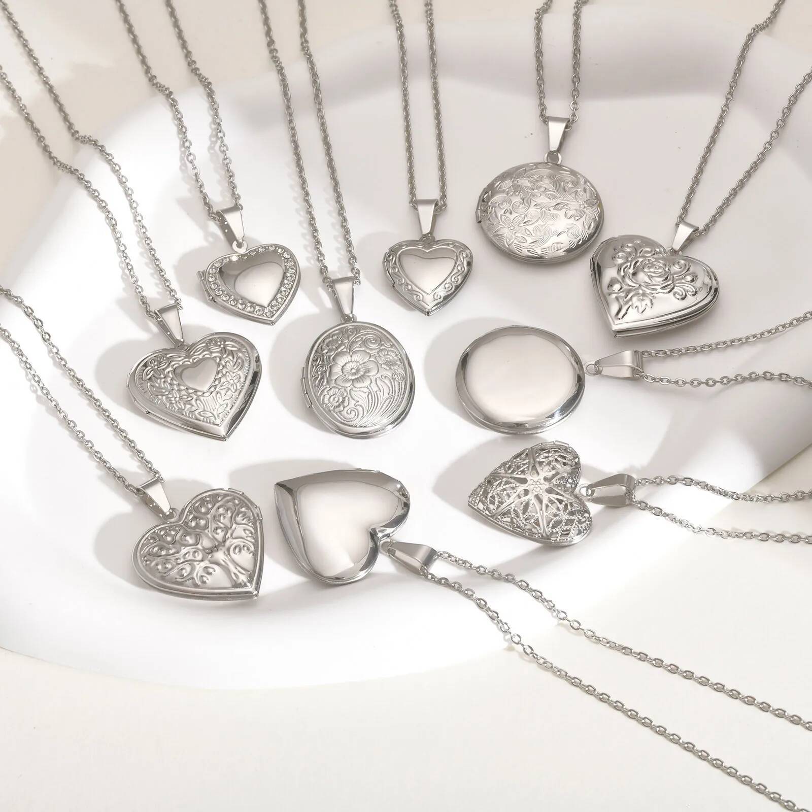 Vnox Never Fade Sier Color Stainless Steel Women Locket Pendant, Openable Heart Pendant Necklaces, Life Tree Floral Collar