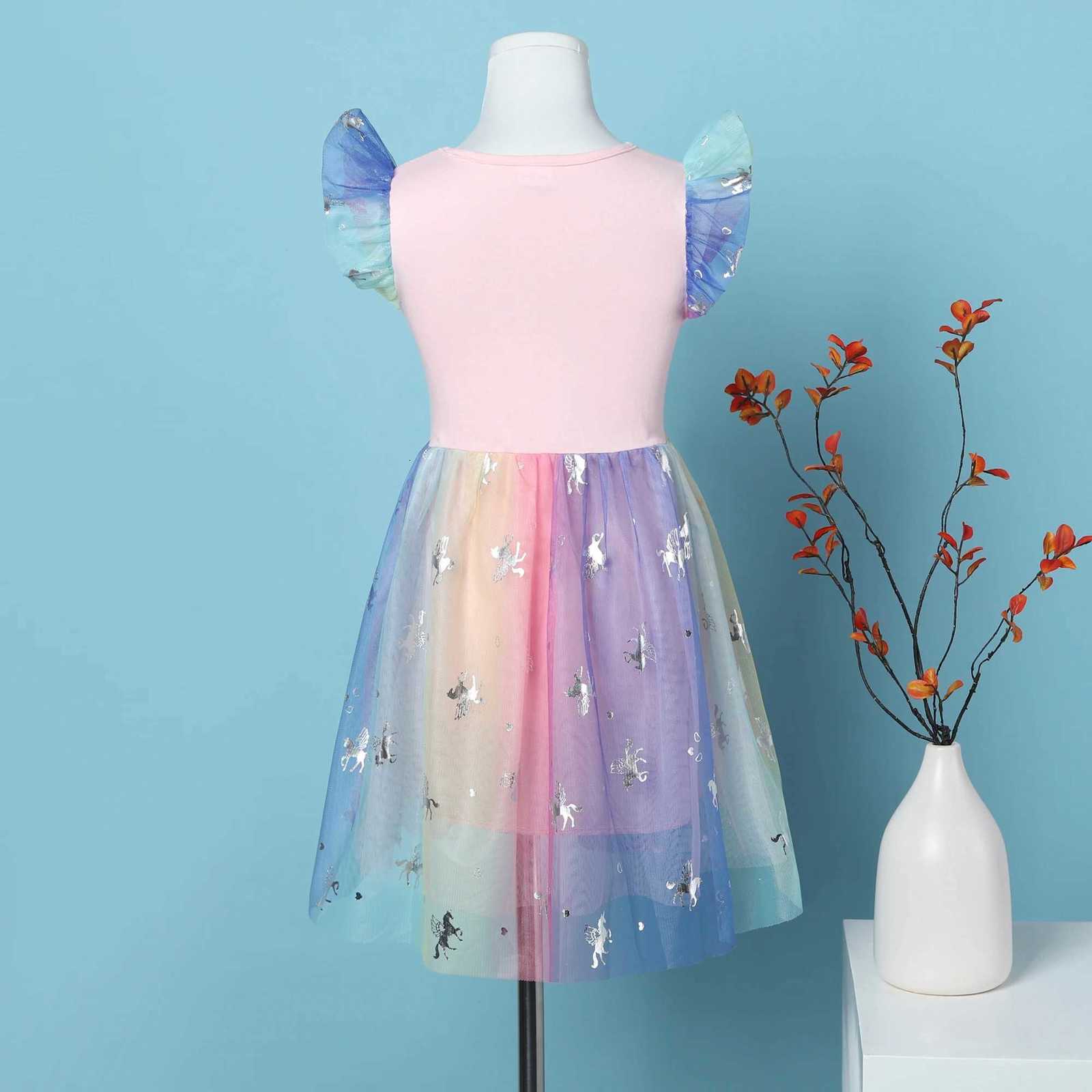Girls Summer Cartoon Unicorn Print Rainbow Mesh Splice Princess Birthday Party Sleeveless Dress SH1791 W250811