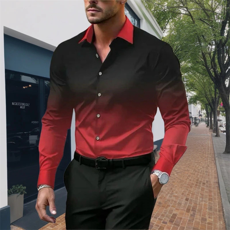 Mens Long Sleeve Men's long shirt with gradient color digital print casual slim lapel long-sleeved shirt thin men's shirt European code: S-3