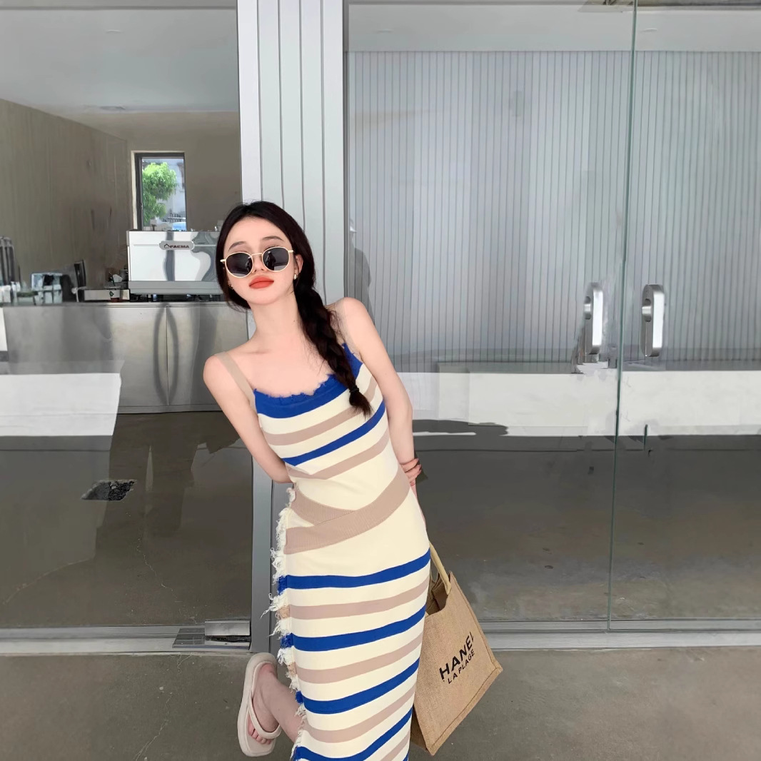 B6V145 Summer Ice Silk Long Skirt Hot Girl Striped Suspender Dress Women's Slim Fit Knitted High Waist Long Hip
