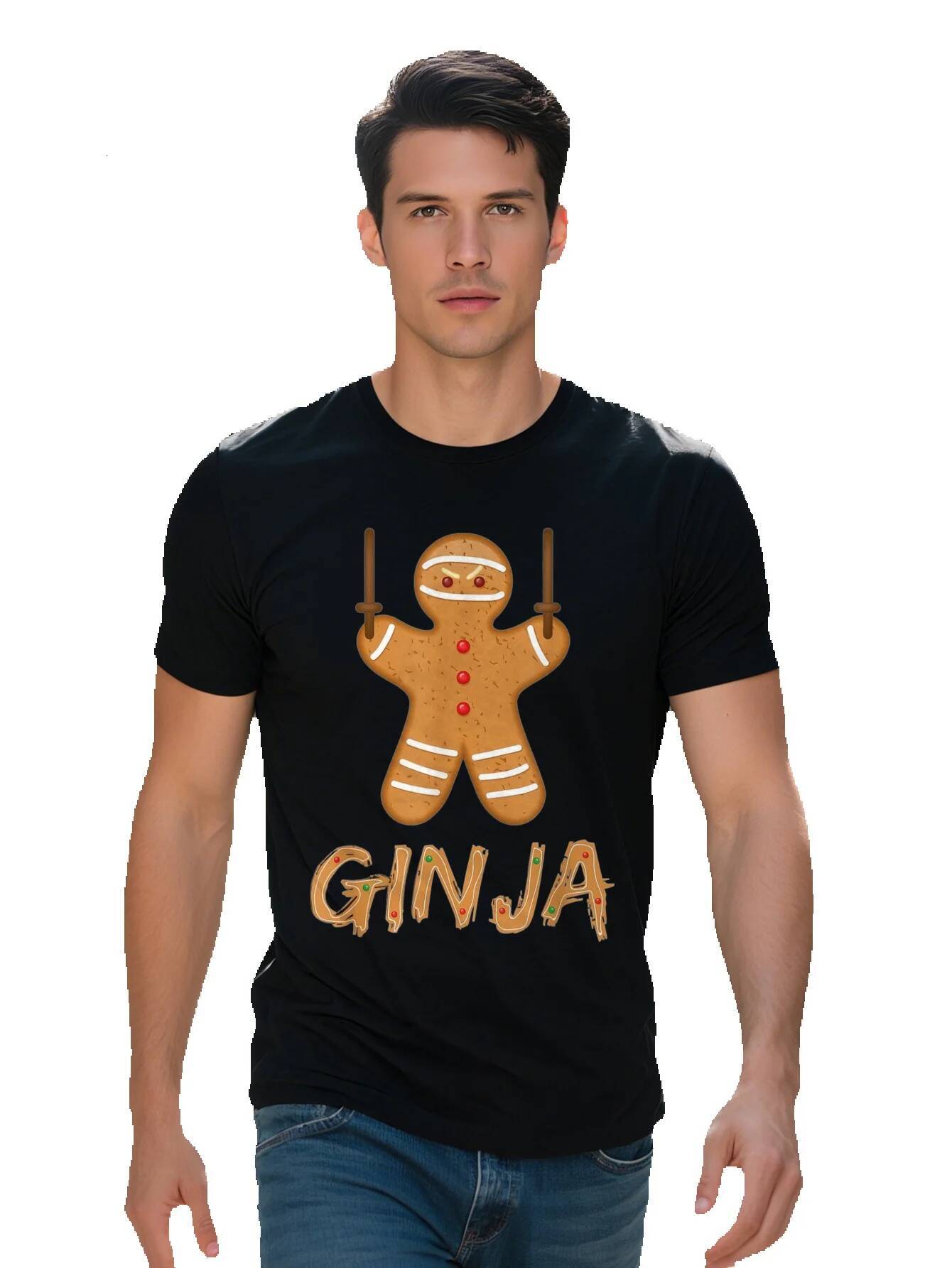 Men s Ginger Gingerbread Christmas Cartoon T-Shirt Cotton Short Sleeve Fun Holiday Design Casual 72103