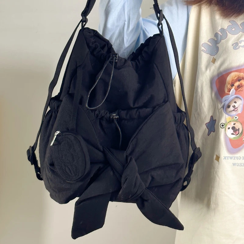 Women Simple Shoulder Bag Large Capacity Bow Drawstring Backpack Solid Color Daily Tote Handbag Female Outdoor 250811