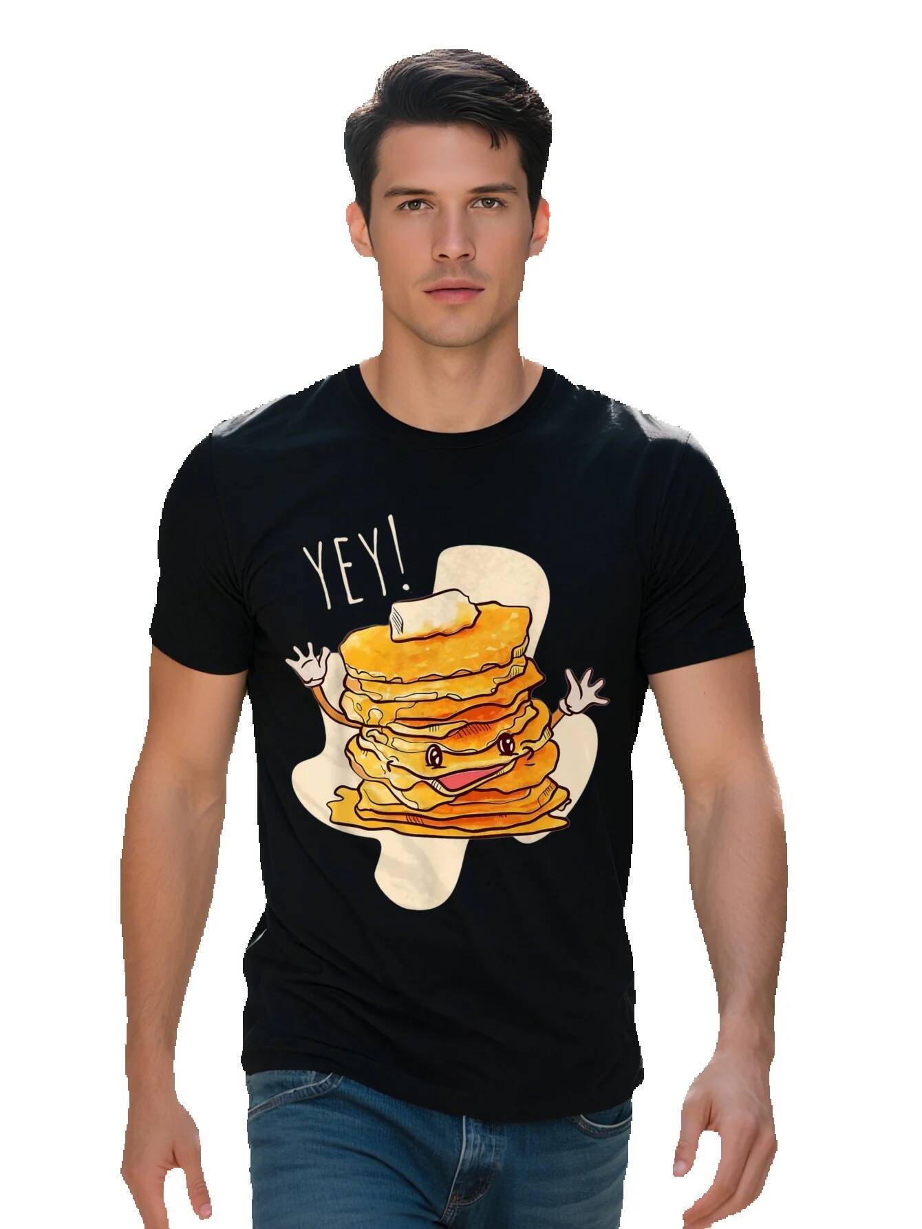 Men s Cotton T Shirt Funny Pancake Stack Cartoon Design YEAH Graphic Tee for Casual Outings Short Sleeve Black bac3b fc5cf