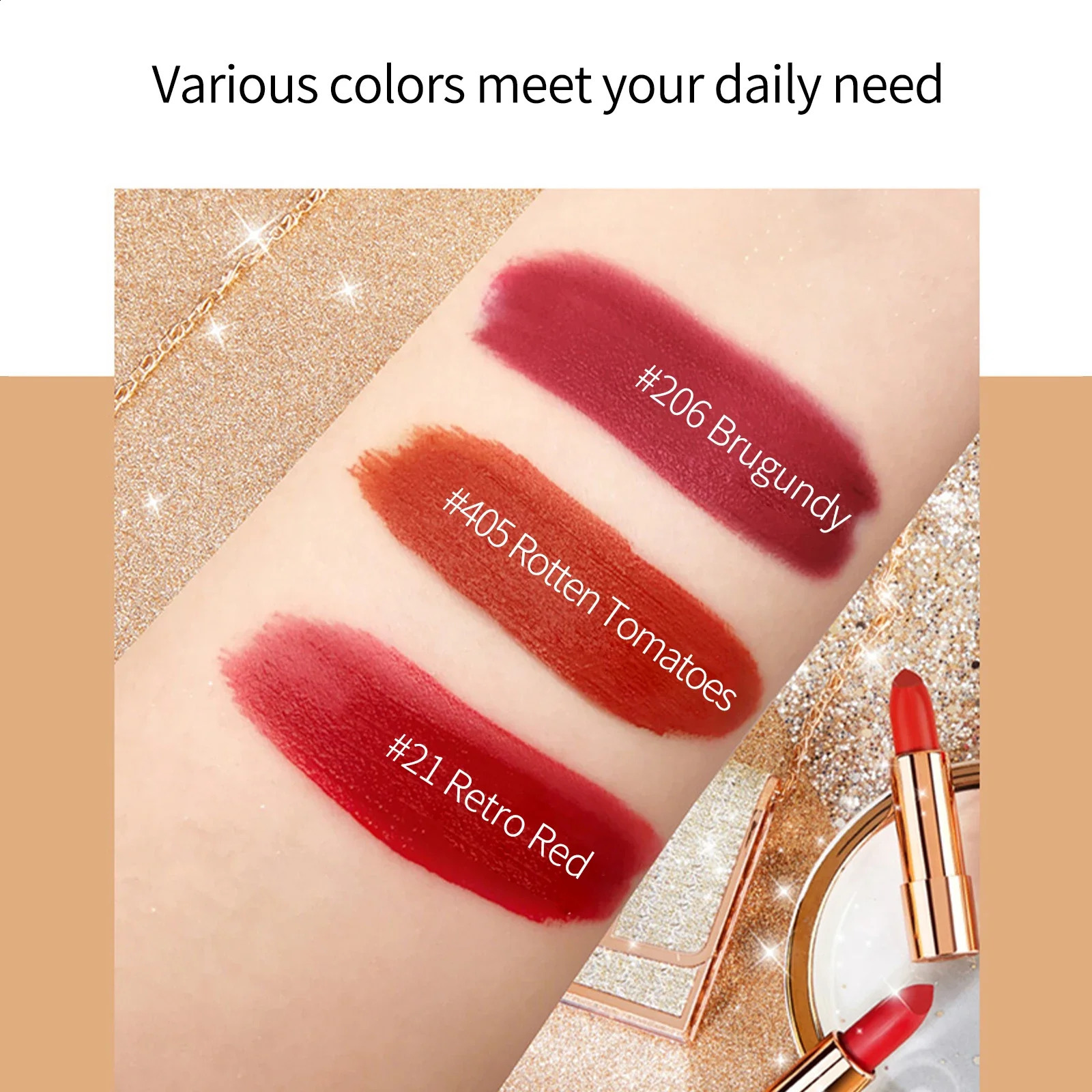 Matte Lipstick Set 3 Colours with Silver Chain Bag Waterproof Non-Stick Long Lasting Makeup Red 3.5gx3pcs for Women and Girls 250809