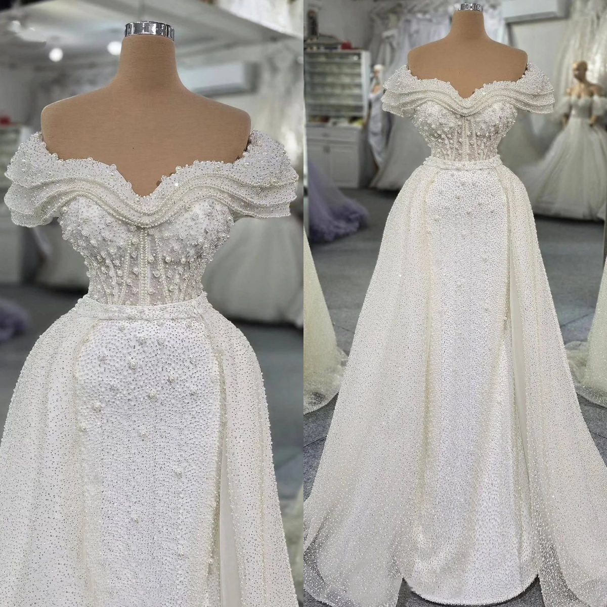 Modern Wedding Dresses Pearls Sequins Bridal Gowns with Detachable Train Off Shoulder Mermaid Customized Vestidos De Novia Plus Size