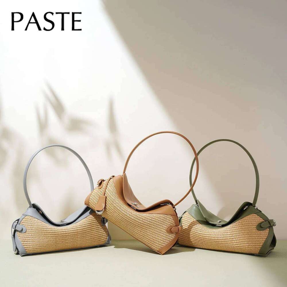 Leisure Handmade Woven Grass Weaving Summer Beach Tote Bag All-match Straw+ Split Leather Long-handle Women Handbag Hit-color