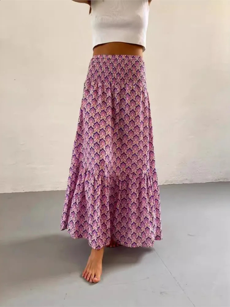 Womens Casual Boho Skirts Spring Summer Fashion Vintage Loose Elastic Waist Floral Print Ethenic Style Beach Maxi Skirt 250809