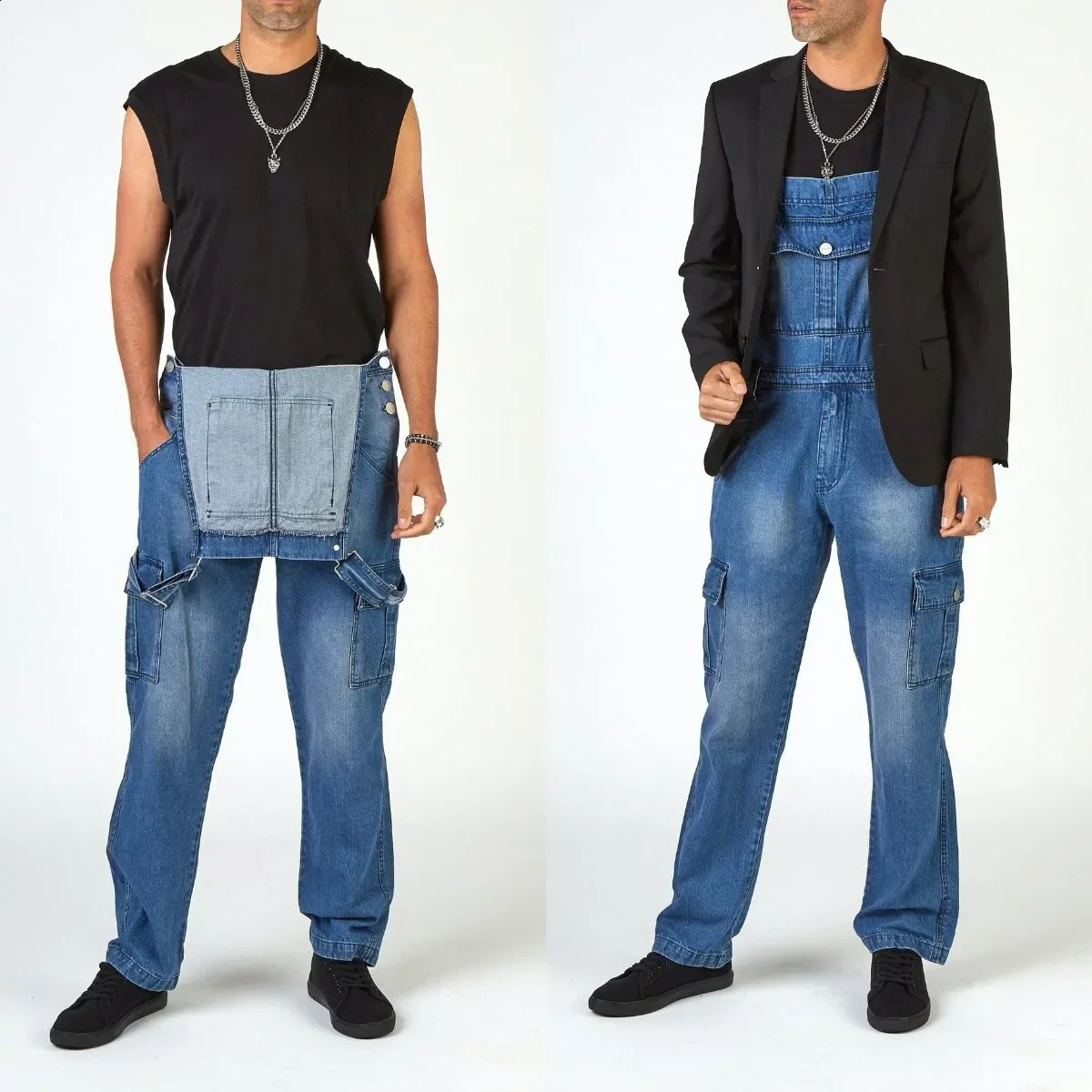 Mens Overalls Pockets Jeans Jumpsuit Autumn 2025 Men Casual Long Denim Pants Slim Splice Straight Rompers 250729