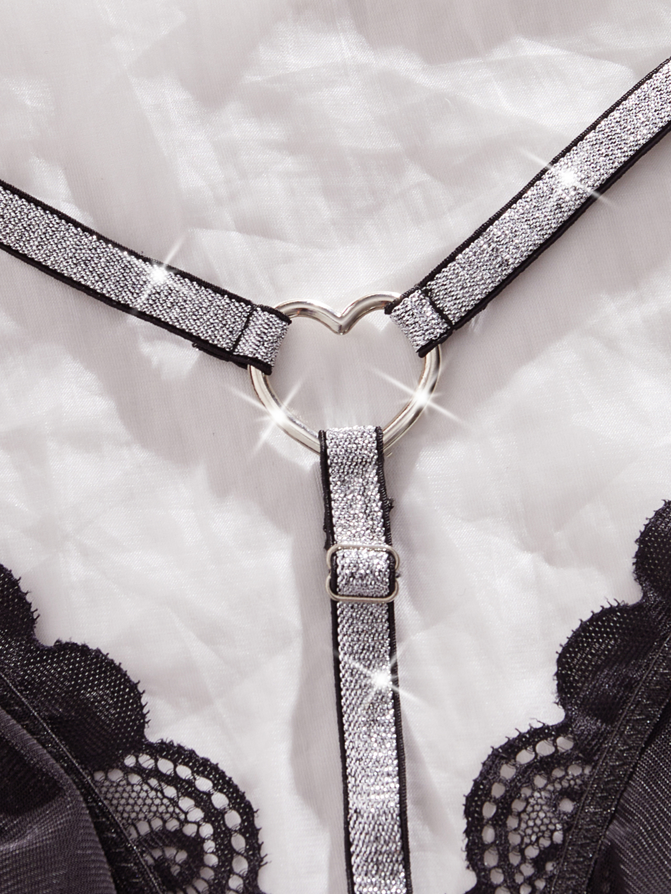 Sexy Sheer Black Lace Bralette Heart - Charm, Glitter Straps Scalloped Edges Adjustable Comfortable Fit | Fashion Lingerie for Layering & Occasions