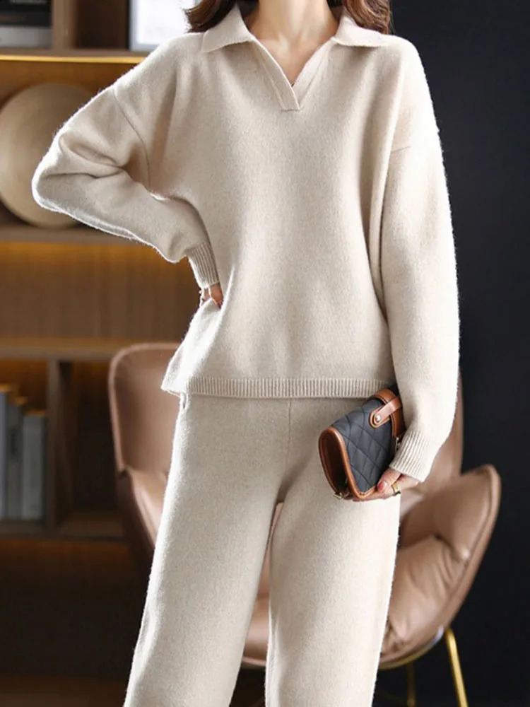 Casual Knitted 2 Piece Sets Korean Polo Neck Sweater Pullover Conjuntos Women High Waist Ankle Length Malhas Harem Pant Setleri 250805