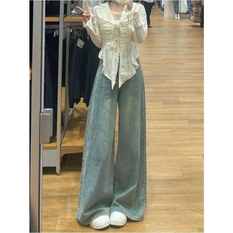 High Waist Pants for Solid Casual Baggy Women Washed Vintage Wide-leg Jeans Youthful Female Trousers Streetwear Y2k