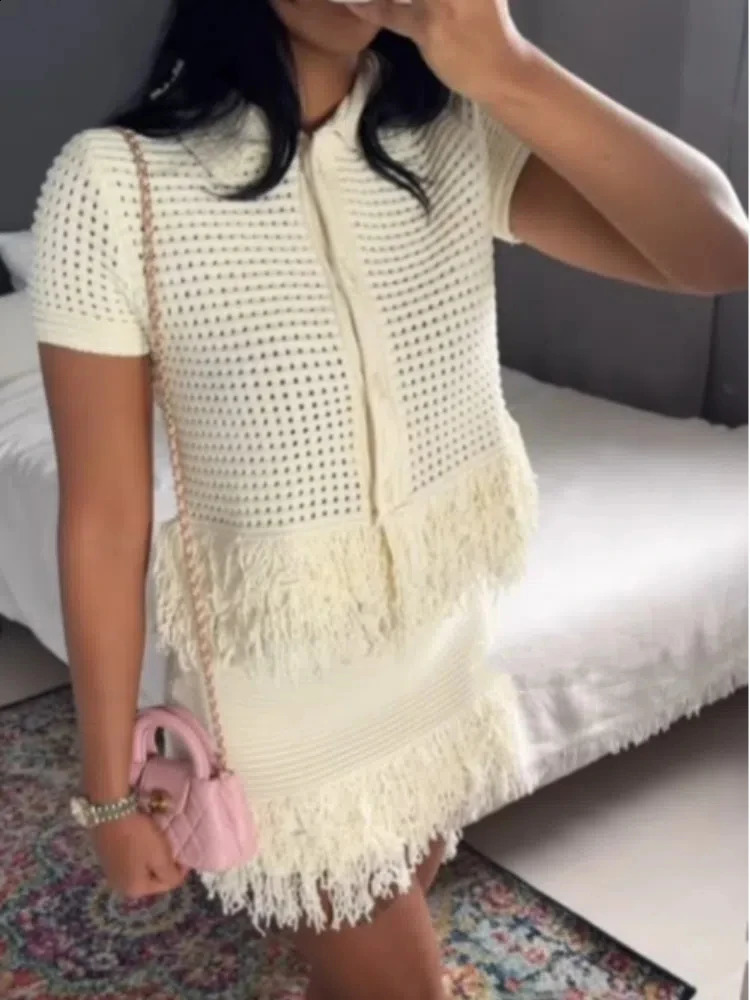 Elegant Women Knit Tassel Cardigan Skirt Sets Hollow Out Lapel Half Sleeve Top Pleated Mini Skirts 2025 Summer Lady 2 Piece Set 250811