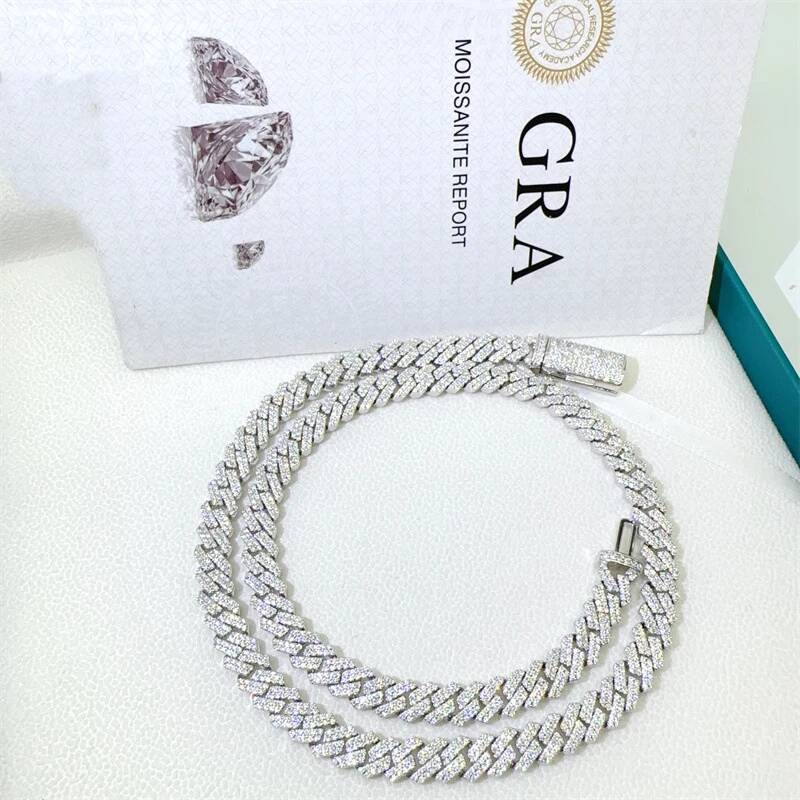 8MM Moissanite Cuban Necklace Hiphop 2 Row D VVS Moissanite Diamond Miami Chain Necklace 925 Sterling Silver Pass Tester Gift