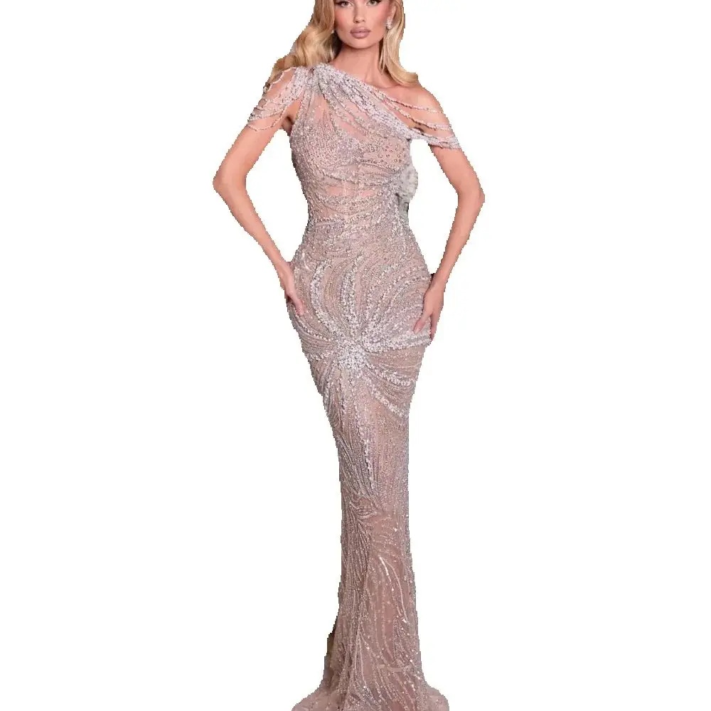 Sexy One Shoulder Tassels Evening Dresses Customized Luxury Sequined Sleeveless Prom Dress Beading Floor Length Party Gown