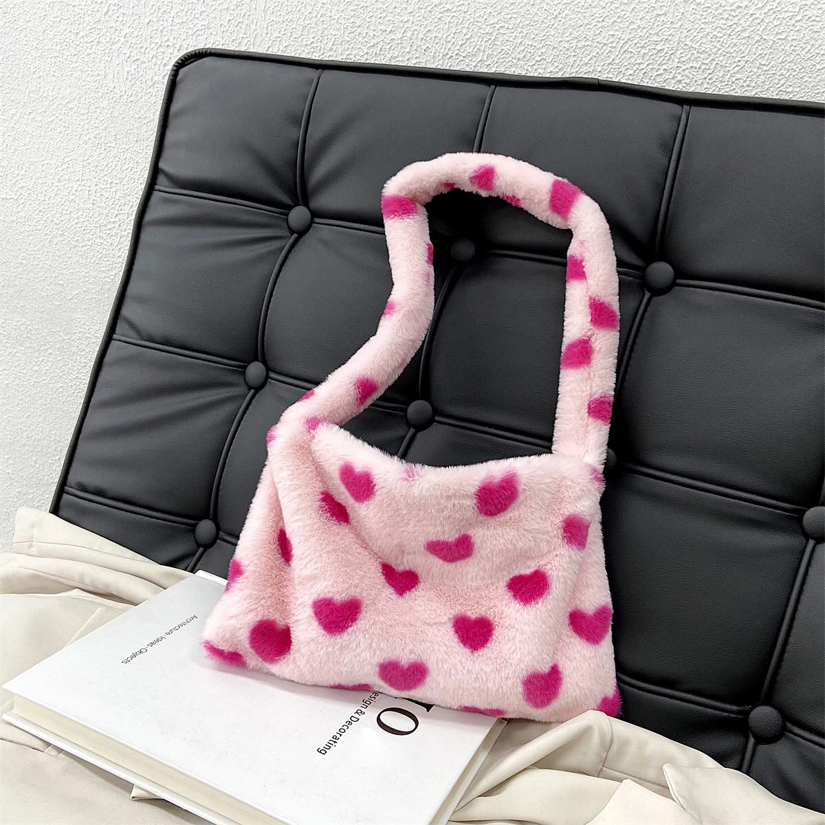 INS Fashion Women Plush Flower Pattern Shoulder Bags Elegant Female Underarm Fur Handbag Furry Fluffy Tote n 250811