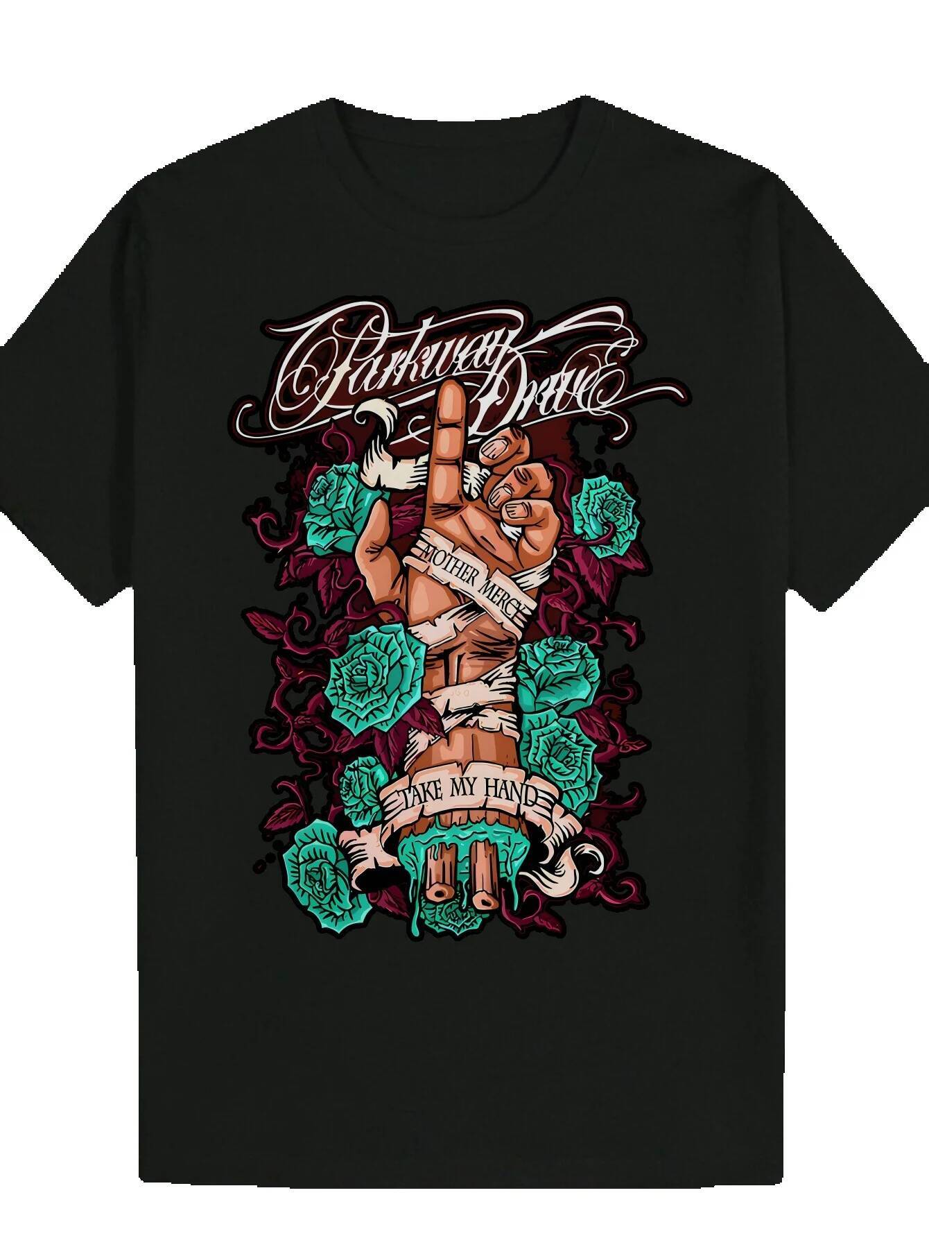 Men's Round Neck T-Shirt with Galaxy - "Holding My Hand" Design, Black Polyester, Summer Style, Casual Wear Pattern T-shirt | Polyester