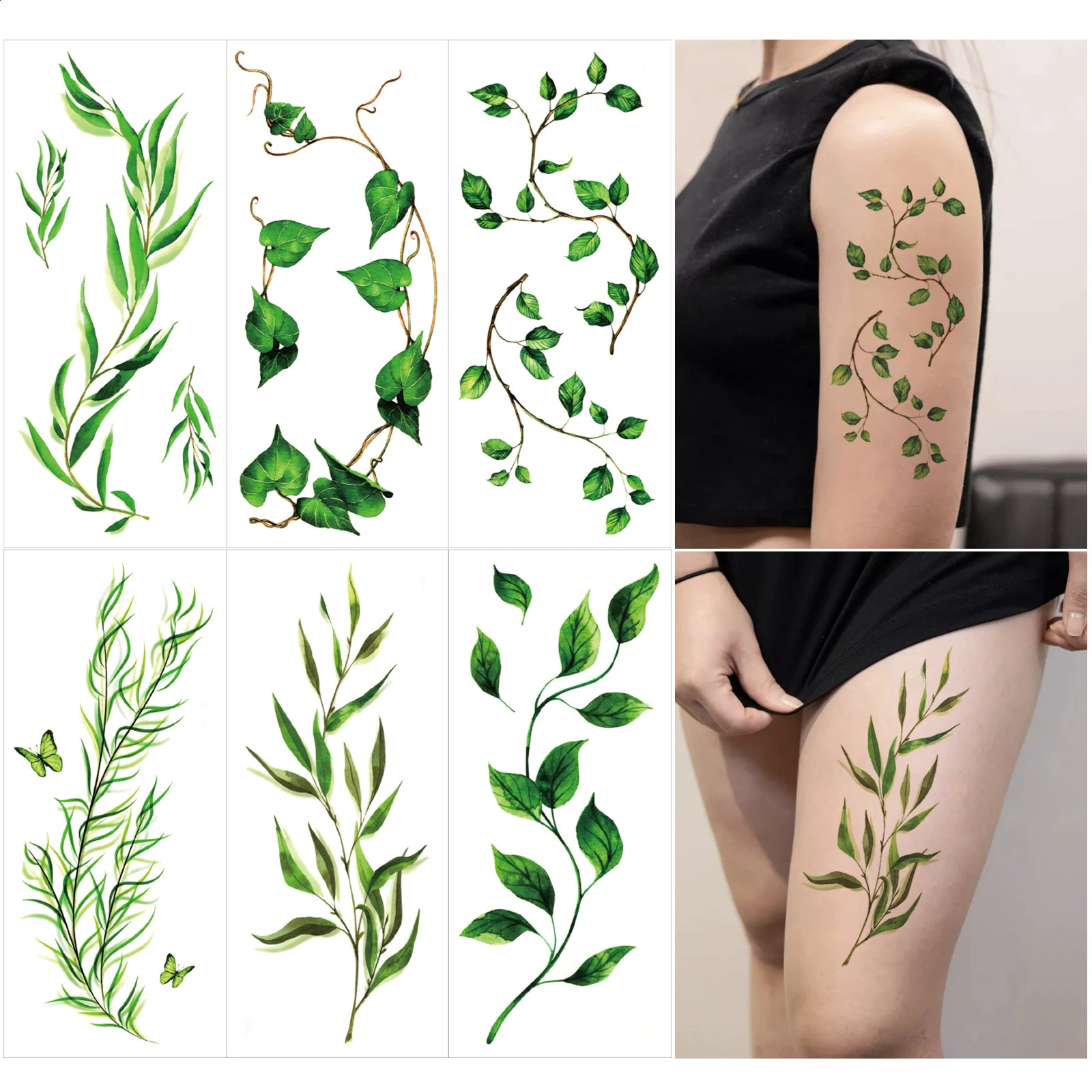 6pcs Green Vine Leaves Series Temporary Tattoo Stickers for Hand Arm Back Disposable Body Wild Grass 250809