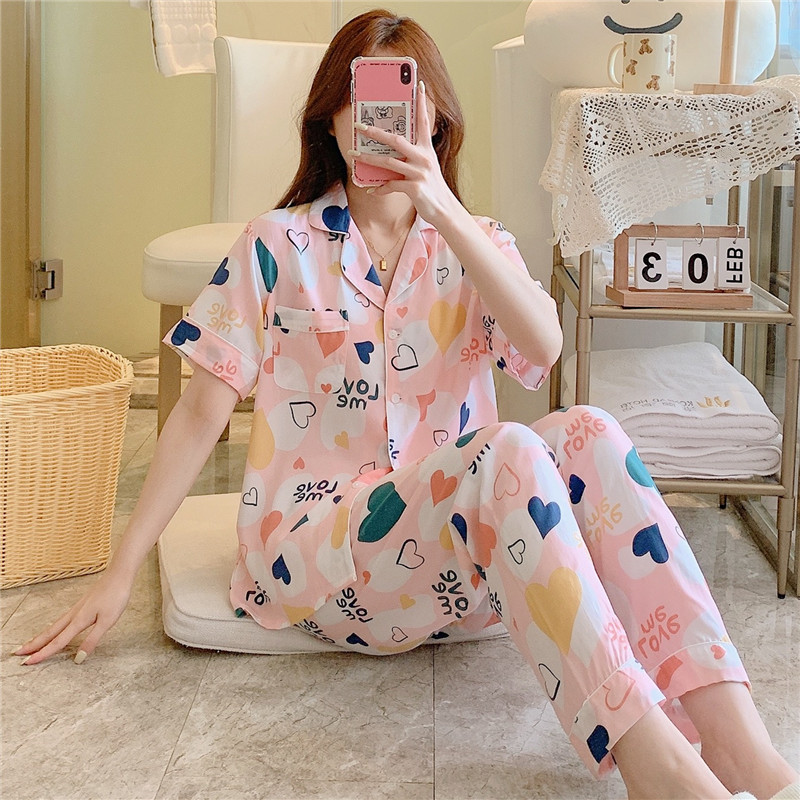 B1007-Short-sleeved cotton silk pajamas women's summer thin artificial cotton home clothes cardigan printed cotton silk suit