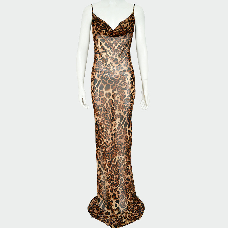 2025 fashion fashion hot selling new long dress with spaghetti strap, backless slim fit leopard print evening gown, new designer
