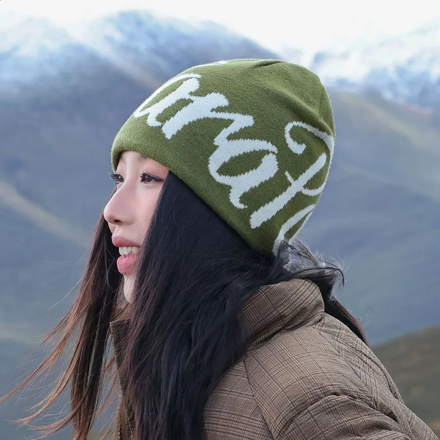 Y2K Beanie Men Couple Warm Hats Double-sided Print Bonnet Wool Skullies Hoods Lady Knitted Hats Accessories Hiphop Gorro 250805