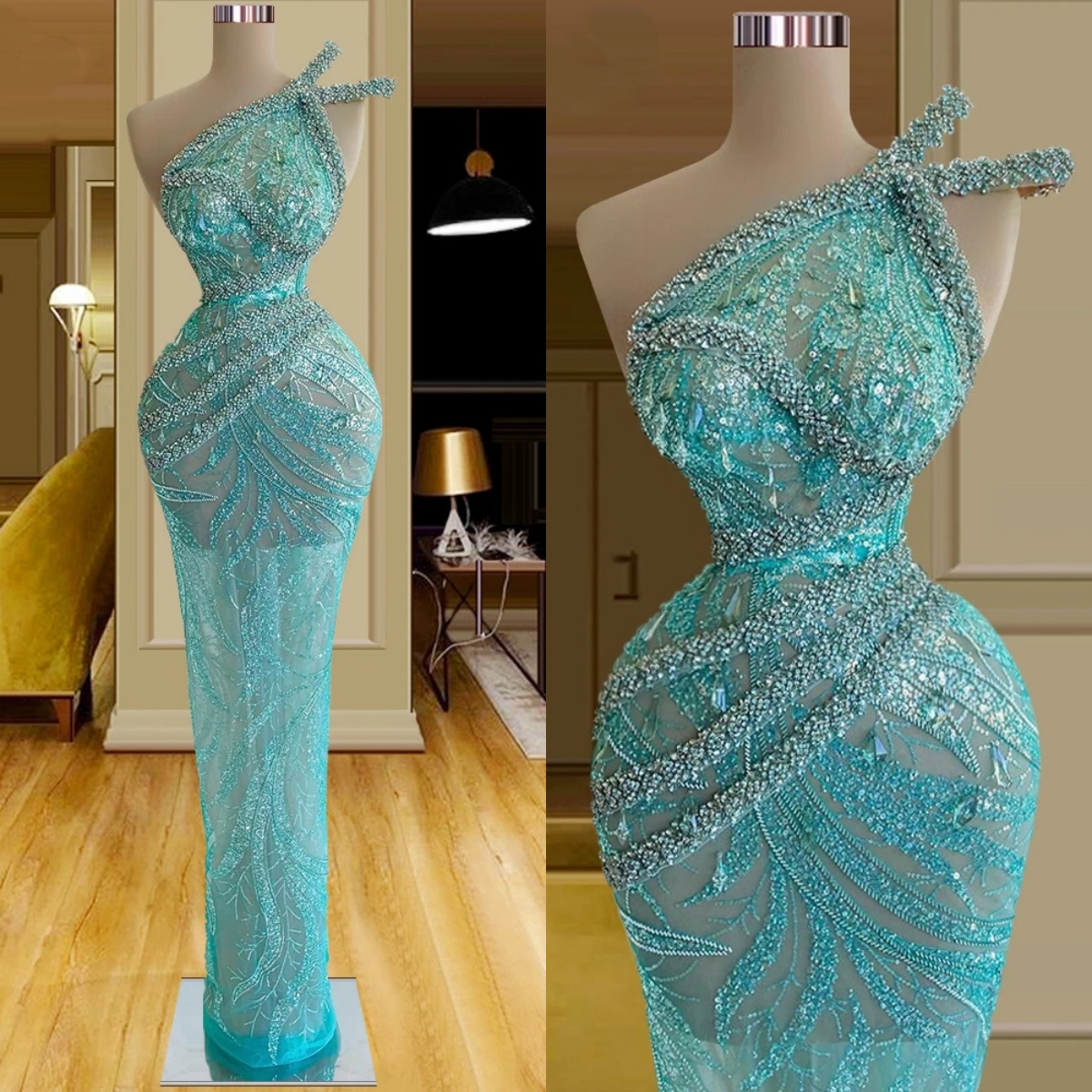 Sparkly Evening Dresses Sequins Rhinestone Gown One Shoulder Sleeveless Floor Length Dress Evening Party Customized Dress