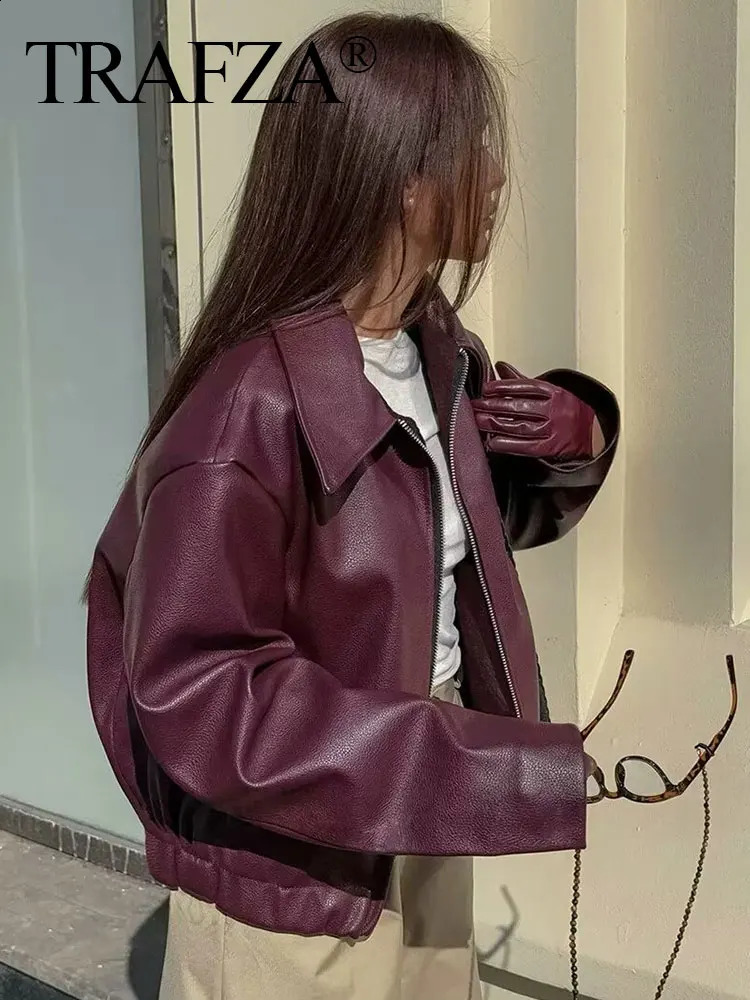 TRAFZA Wine Red Faux Leather Jakcet Fashion Outerwear Thicken Zipper Lapel Pu Coats Autumn Winter Streetwear Ladies Tops Women 250805