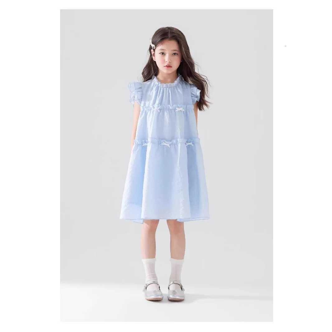 Girls Summer Dress Sweet Flying Sleeve Bow Lace Ruched Kids Girls Princess Dress Thin Cotton Cool Children Girls Dress W250811