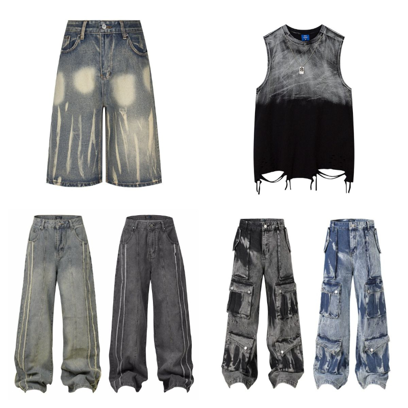 Men's Jeans Flare For Man Y2k Ripple Wide-Leg Stacked Jean Trousers Distressed Blue Denim Pants Loose Casual Straight Moustache Effect Male