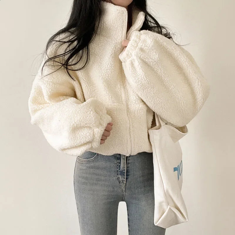 Lucyever Women Short Lamb Wool Jacket Autumn Winter Thicken Warm Plush Coat Female Fashion Zipper Stand Collar Outerwear 250804