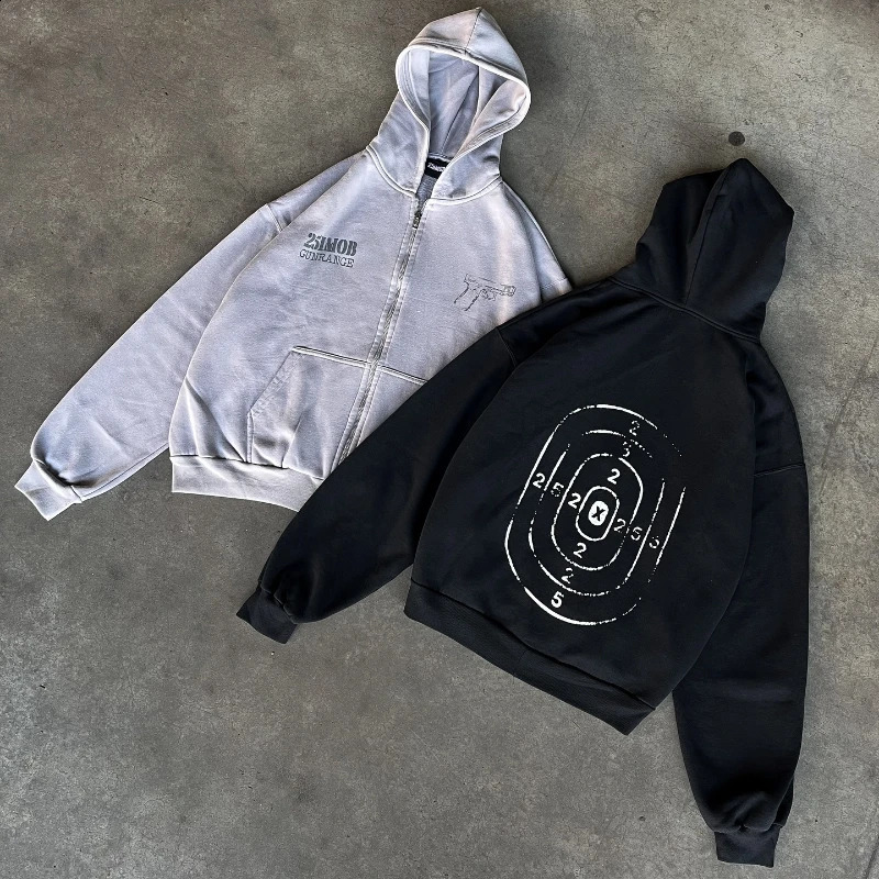 Y2K Retro Sweatshirts Print Pattern Letter Digit Gunrange Target Zip Up Hoodies Hip Hop Trendy Unisex Oversized Streetwear 250808