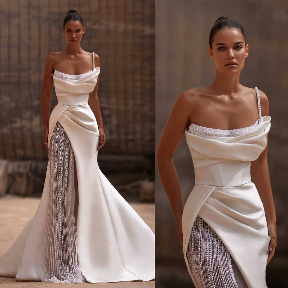 Unique Prom Dresses Pearls One Shoulder Bridal Gowns Mermaid Sleeveless Evening Dresses Customized Princess Bride Dress Vestidos De Novia H25790