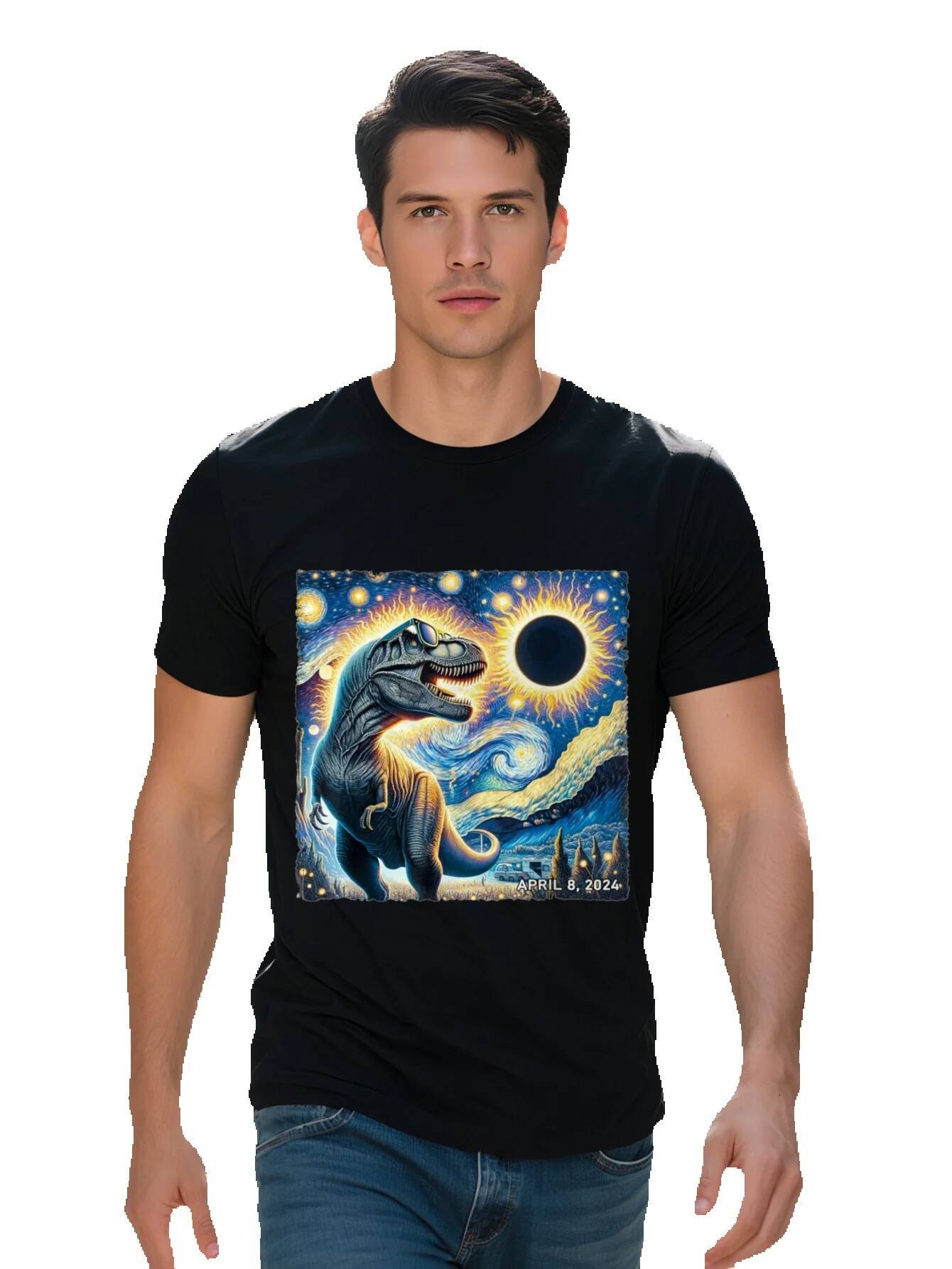 Men's T-Shirt Solar Eclipse Starry Night T-Rex Art Print Black Short Sleeve Tee for Animal Lovers Casual 035dc 972be