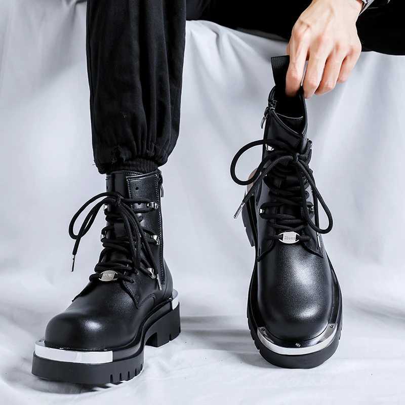 2024 S/A New British Punk Style Leather Boots For Mens Black Hombre Height Increasing Shoes Metal Decoration Fashion Cool Dress W250811