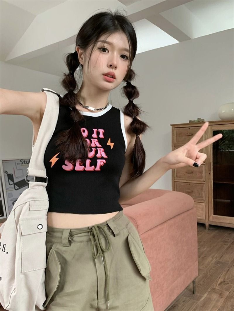 French Chic Small Camisole For Women Summer Hot Girl Outerwear Color Block Slim High Waist Crop Top Sleeveless BM Top